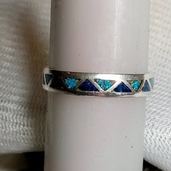 Sterling Silver Chip Turquoise Inlay Band Sz 10